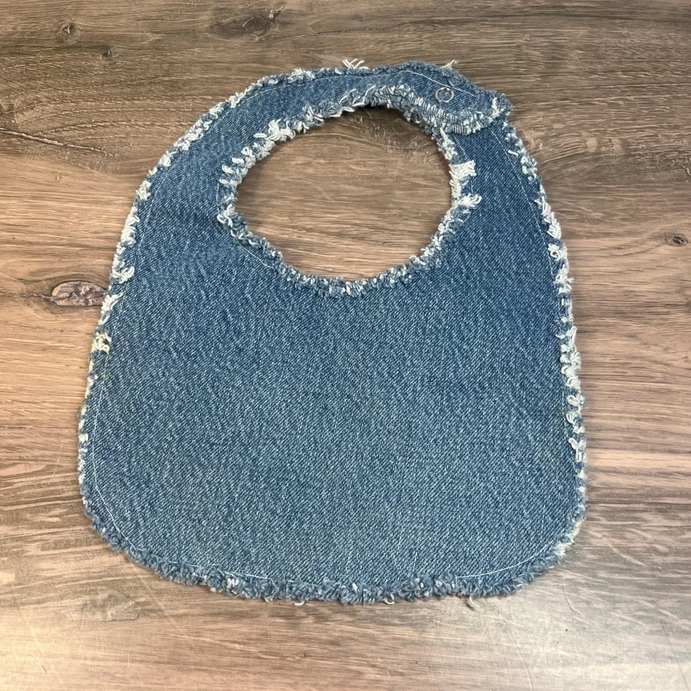Handmade Upcycled Denim Baby Bib Blue Red Bandana Paisley Frayed Western Pockets